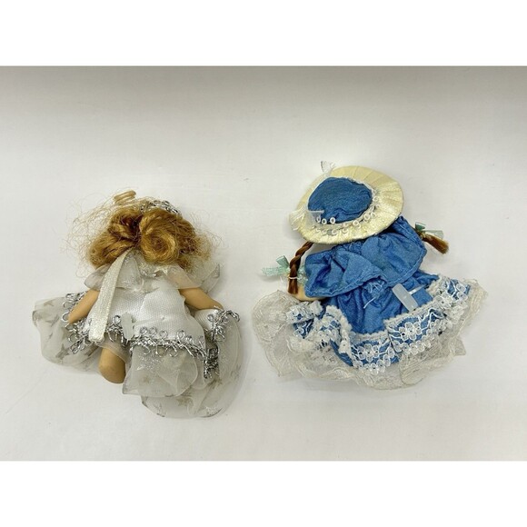 Miniature Porcelain Jointed Dolls w White Silver Star & Blue Dress 2.5" Lot of 2 - Picture 10 of 10